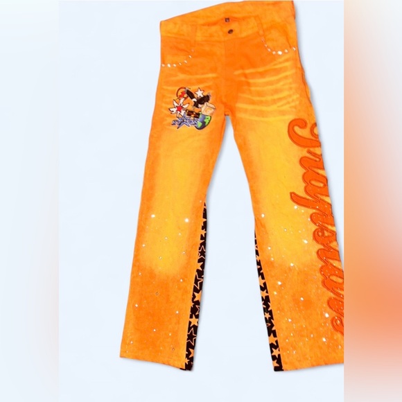Y2K TRAPSTARS Low Rise Embellished Flare Jeans Tag 32 Star Graphic Rhinestone - Picture 3 of 8